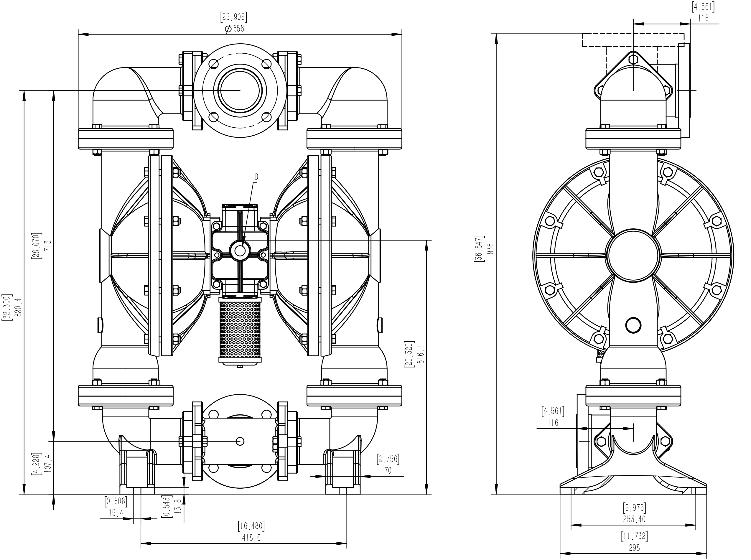 Skylink斯凯力3寸SK80气动隔膜泵法兰接口的外形尺寸图